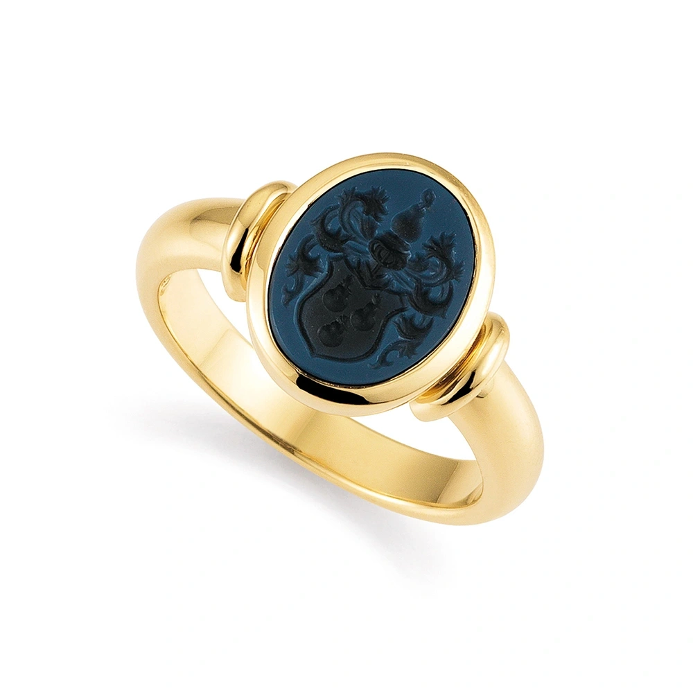 Oval crest ring yellow gold blue gemstone coat of arms engraving