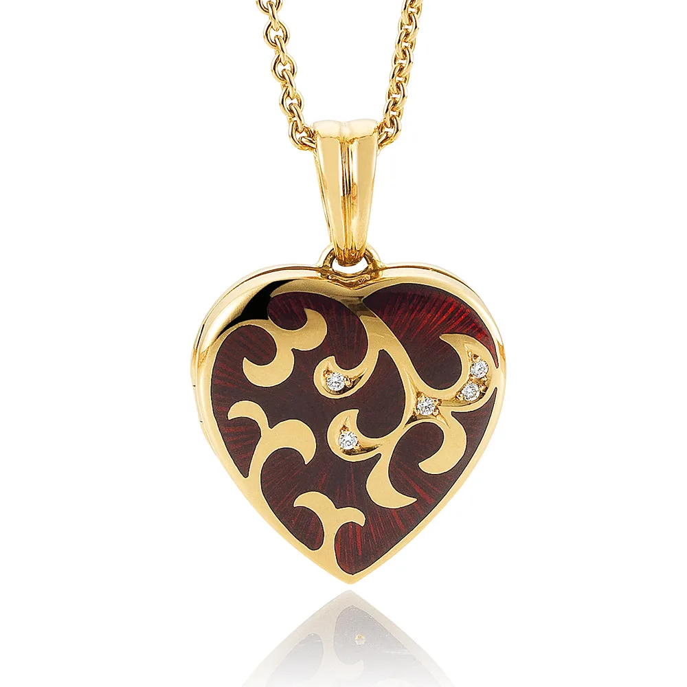 Herzförmiges Medaillon-Collier in Gelbgold rot lackiert und mit Brillanten verziert