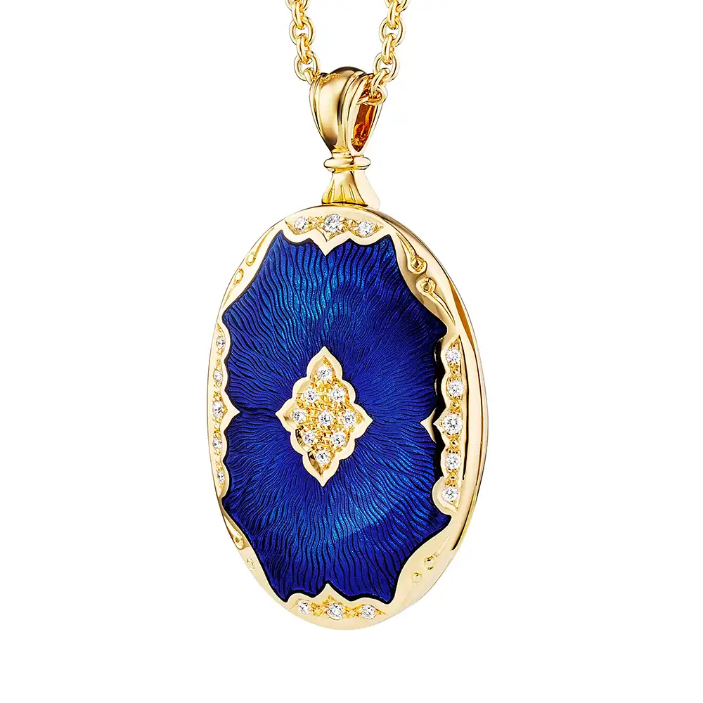 Oval locket necklace in yellow gold, lacquered blue and set with diamonds
