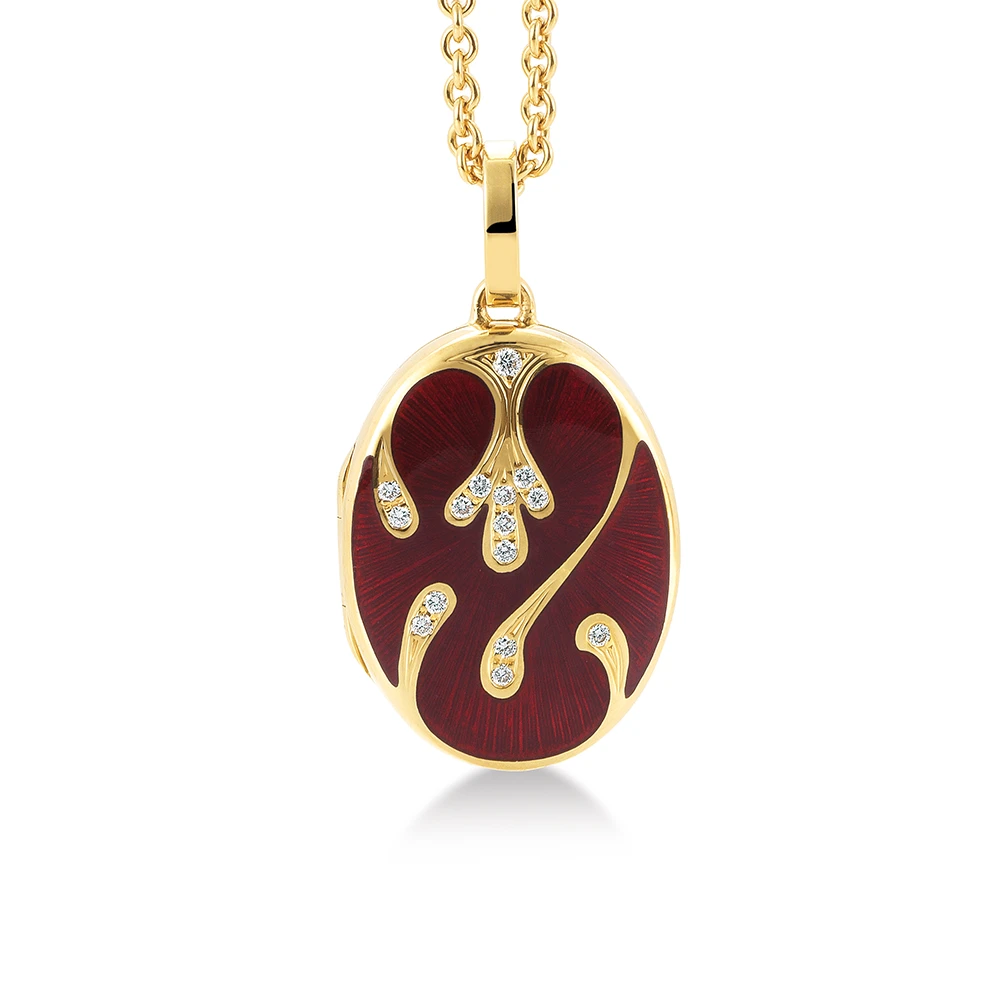Ovales Medaillon-Collier in Gelbgold rot lackiert und mit Brillanten verziert