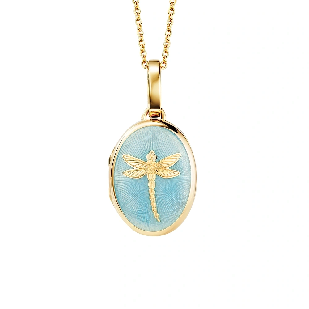 Ovales Medaillon-Collier in Gelbgold blauer lackierung und stilisierter Libelle