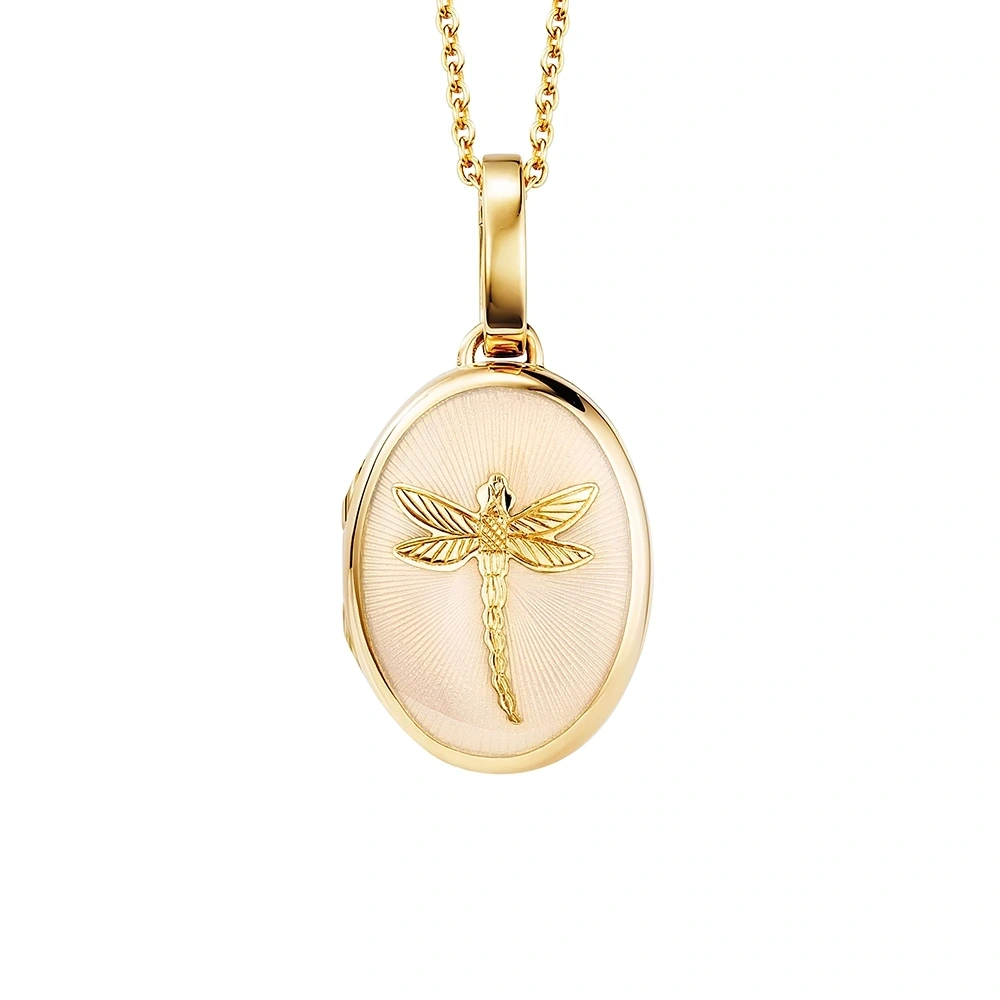 Ovales Medaillon-Collier in Gelbgold u weißer lackeirung nd stilisierter Libelle