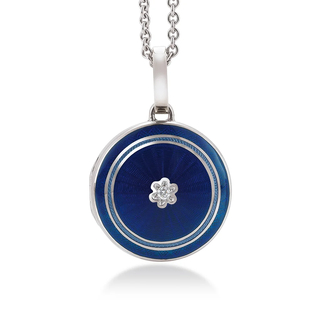 Rundes Medaillon-Collier in Weißgold, blau lackiert und einem brillant