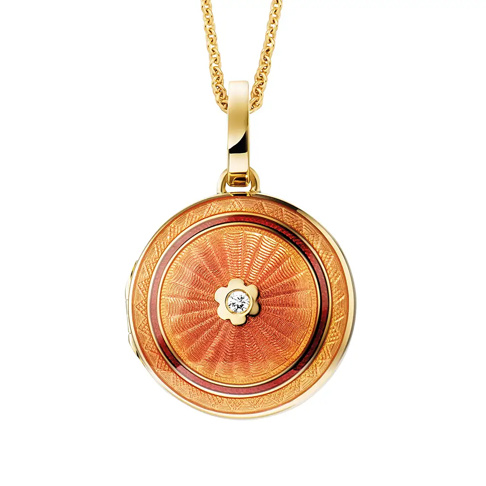 Round locket necklace in yellow gold, lacquered pink and set with a diamond