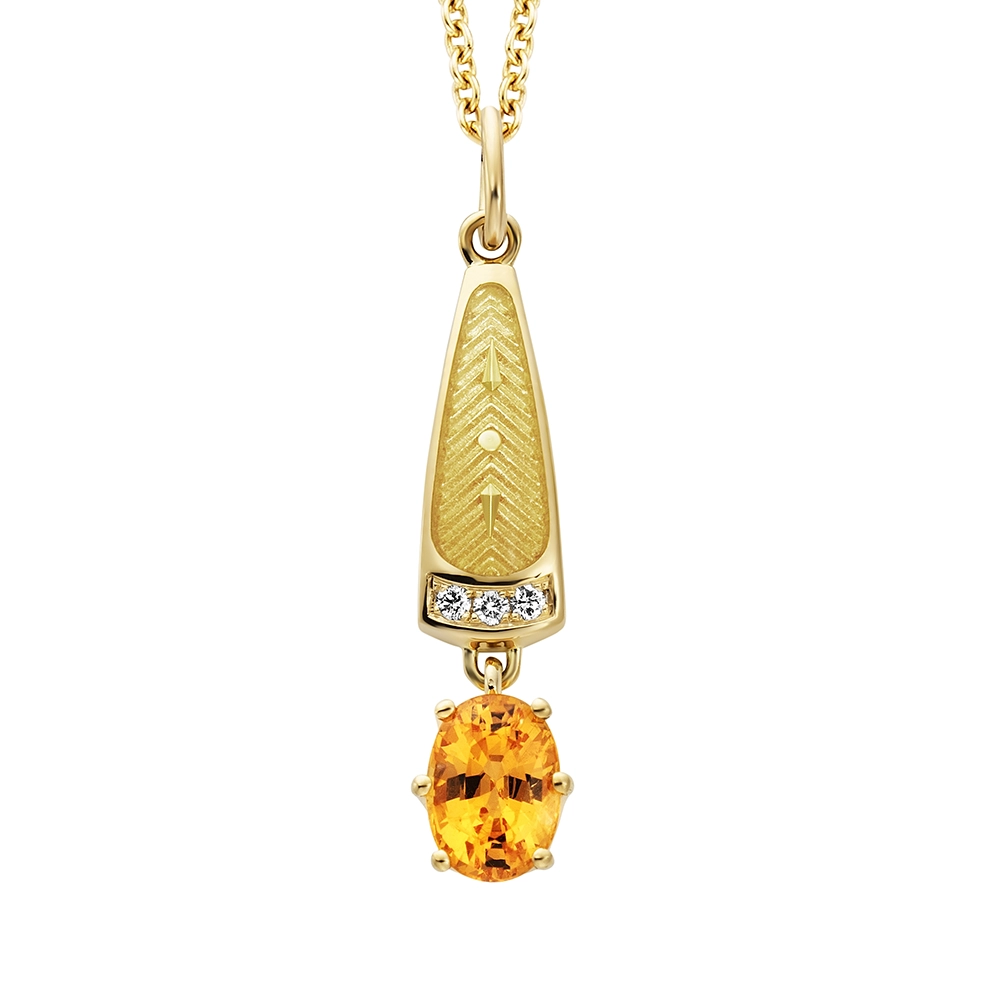 Goldener Anhänger mit einem ovalen gelben Stein und einer Reihe von kleinen Diamanten daneben. Der Körper des Anhängers ist goldgelb.