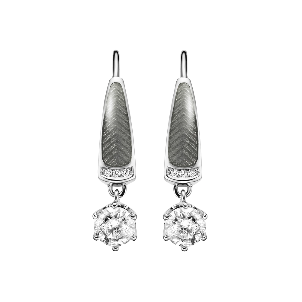 Earrings with two round white stone and a row of small diamonds next to it. The body of the earring is grey.