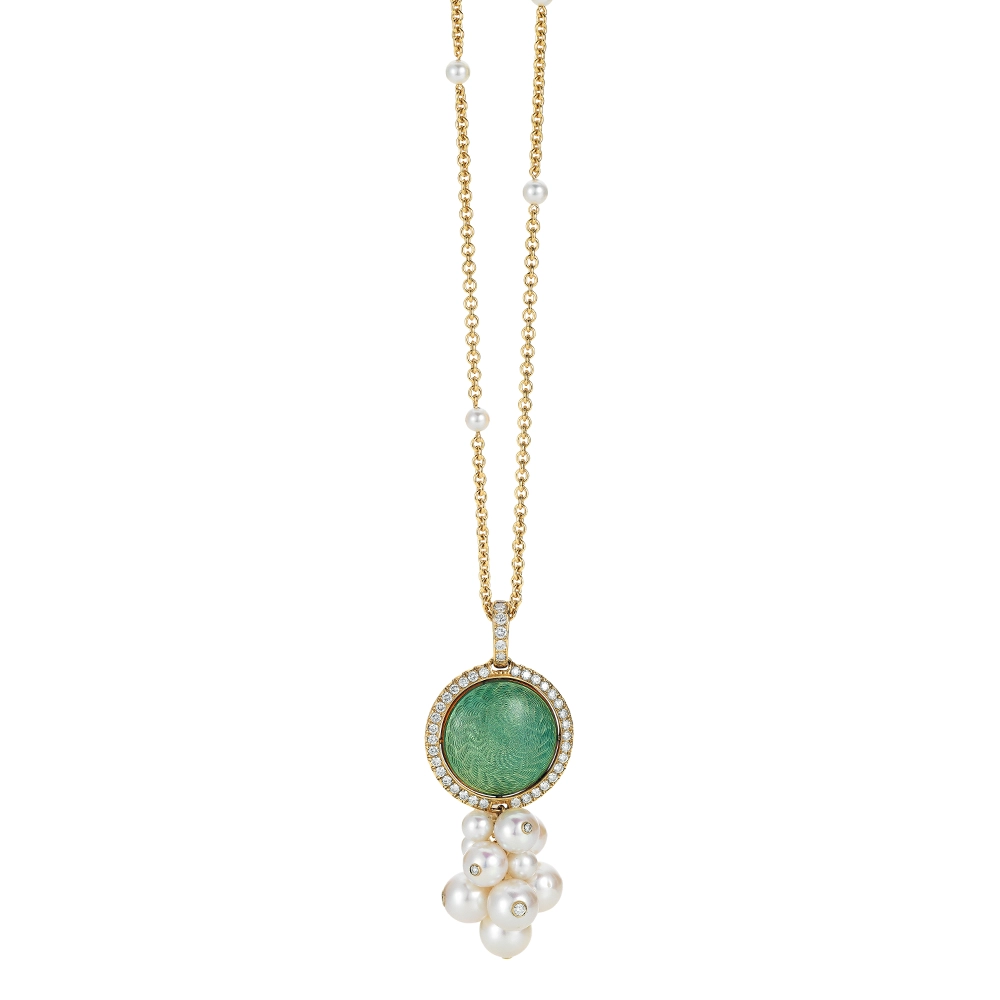 Swivel pendant Candy in yellow gold with a round 20.2 mm head, domed enamel surface in turquoise and blue over windmill guilloché, surrounded by 48 diamonds and decorated with a cluster of 9 Akoya cultured pearls, each set with a diamond.