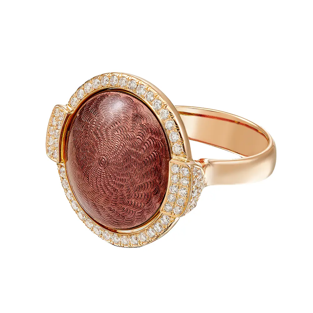 Drehring Candy aus Roségold mit drehbarer Linse, rosa und purpurner Emaille, Windmühlenmuster und 78 Brillanten, Größe 22 x 20 mm.