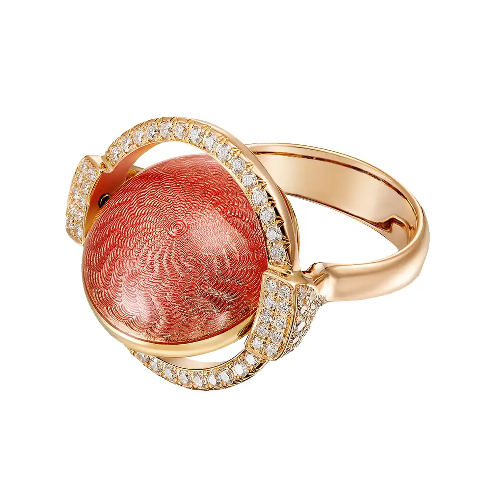 Drehring Candy aus Roségold mit drehbarer Linse, rosa und purpurner Emaille, Windmühlenmuster und 78 Brillanten, Größe 22 x 20 mm.
