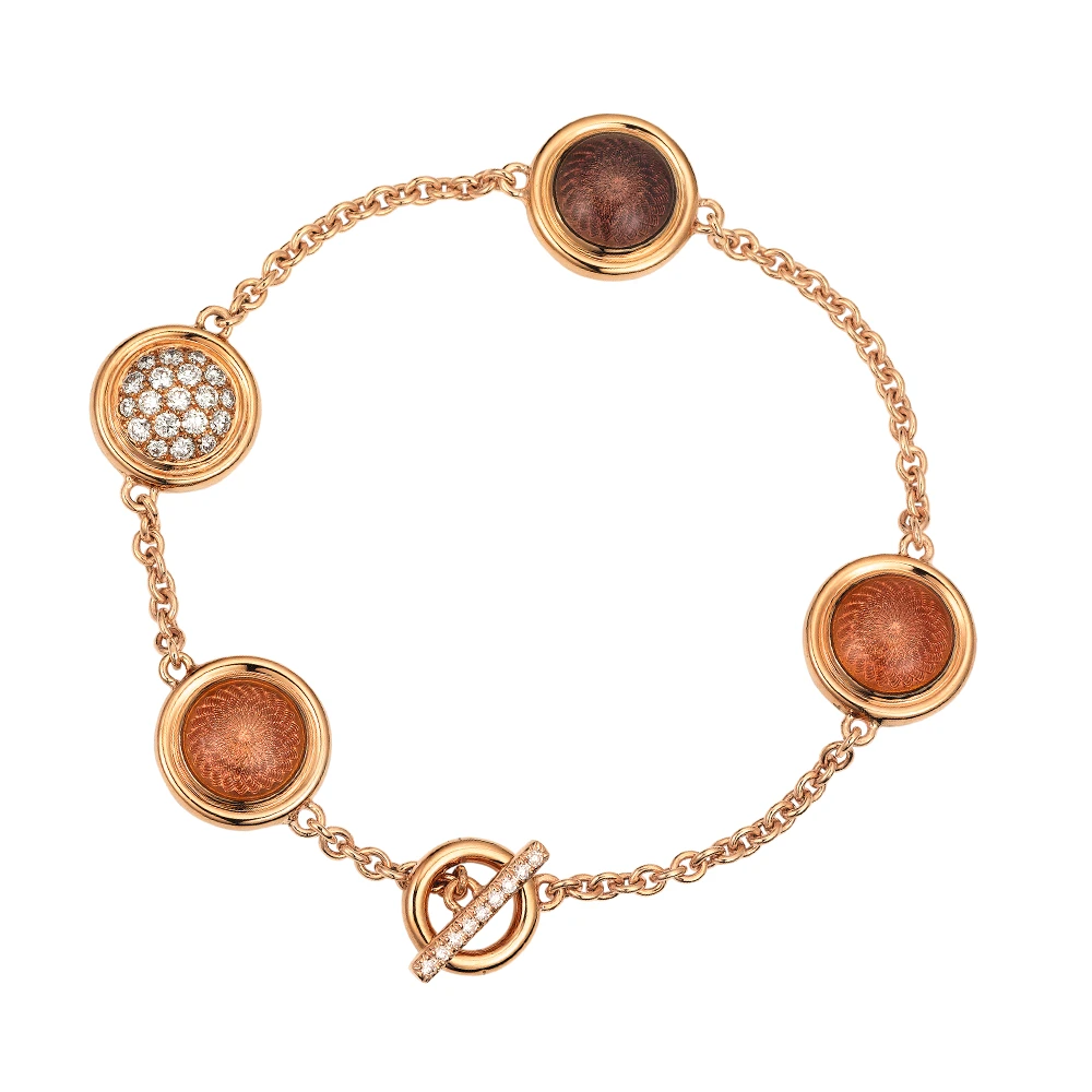 Candy bracelet in rose gold with three double-sided, slightly domed enamel lenses in pink and purple over windmill guilloché, one double-sided diamond pavé lens, and a bar-and-loop closure, length 18 cm.