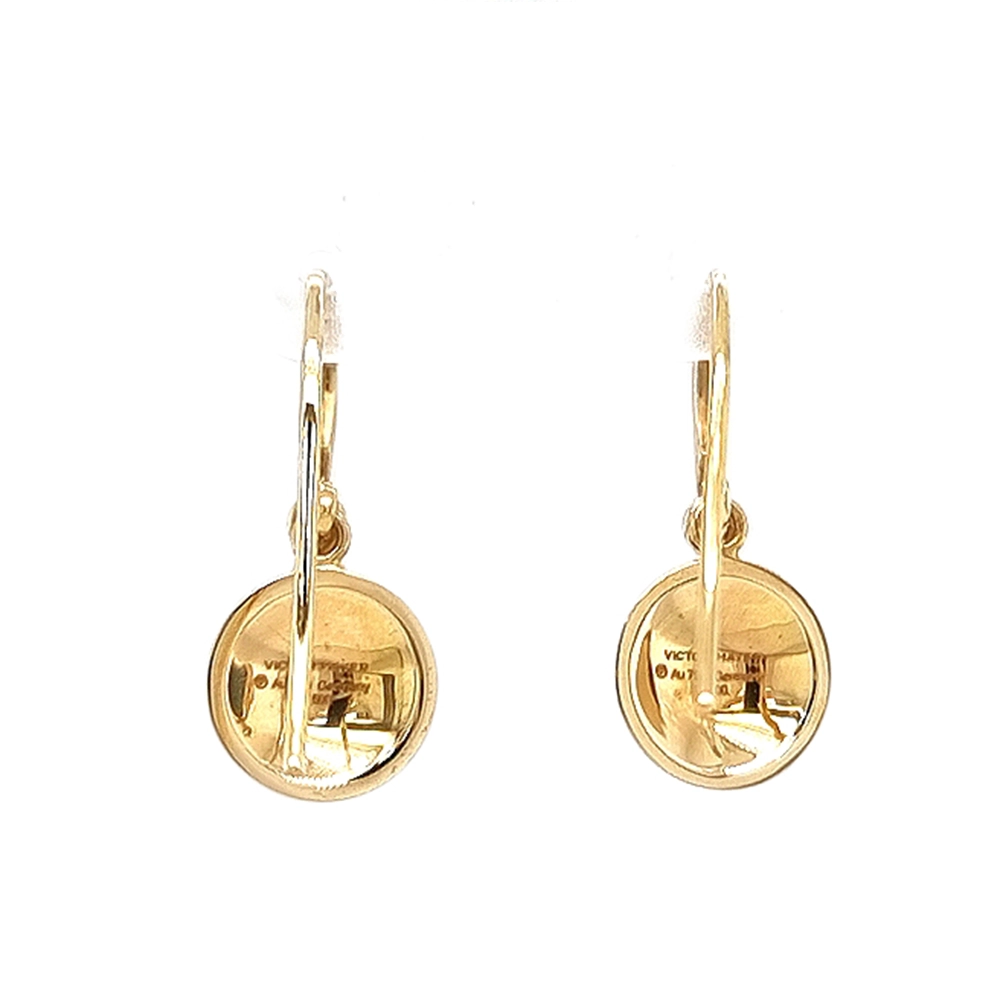 Round Candy ear hooks in yellow gold with medium blue enamel over windmill guilloché, two diamonds, one freely suspended from the hook fitting, diameter 10 mm.