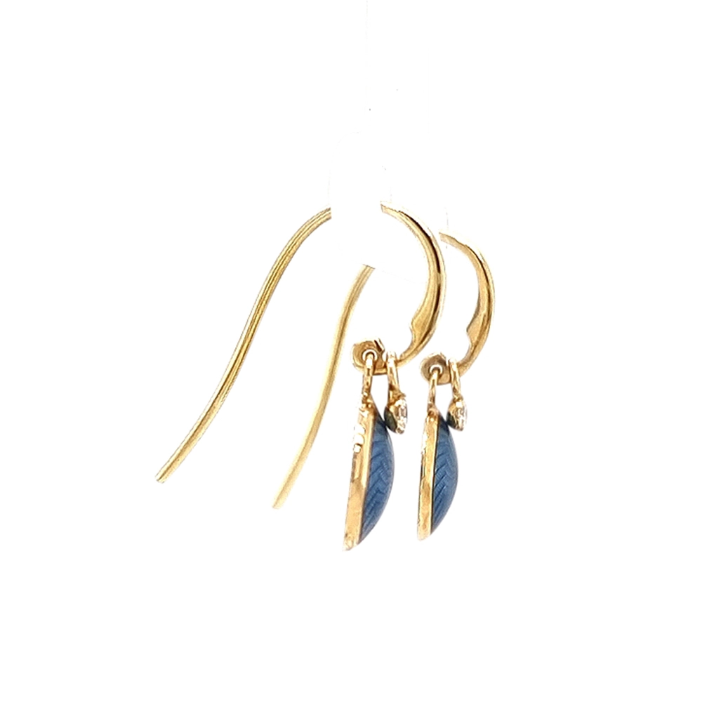 Round Candy ear hooks in yellow gold with medium blue enamel over windmill guilloché, two diamonds, one freely suspended from the hook fitting, diameter 10 mm.