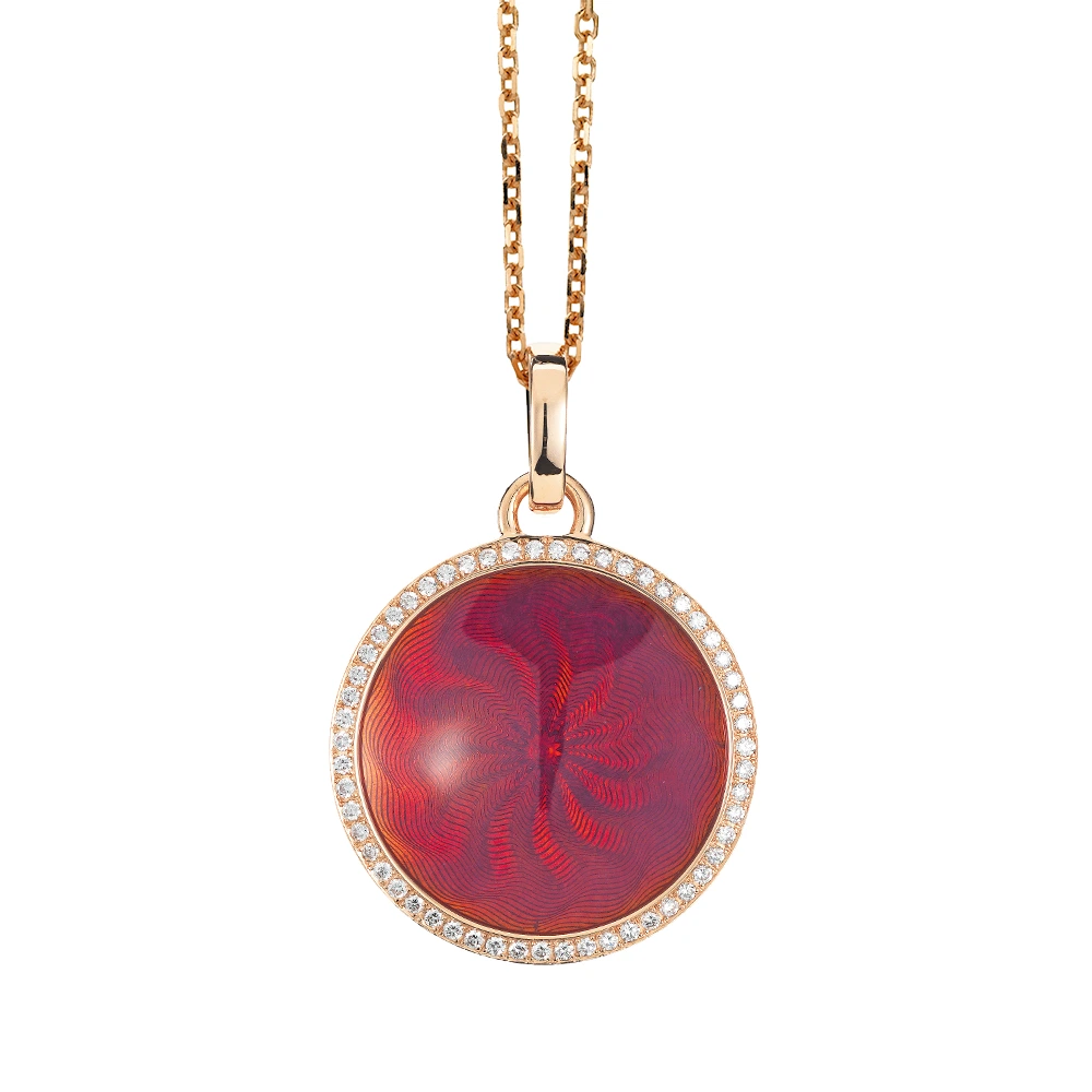 Trance pendant in 18k rose gold with concave translucent opalescent raspberry enamel, windmill guilloché and 55 brilliant-cut diamonds 0.33 ct, diameter 24,2 mm, limited to 300 pieces.
