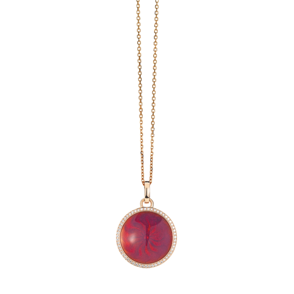 Trance pendant in 18k rose gold with concave translucent opalescent raspberry enamel, windmill guilloché and 55 brilliant-cut diamonds 0.33 ct, diameter 24,2 mm, limited to 300 pieces.