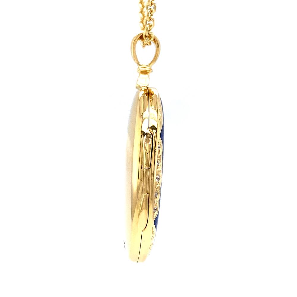Oval locket necklace in yellow gold, lacquered blue and set with diamonds