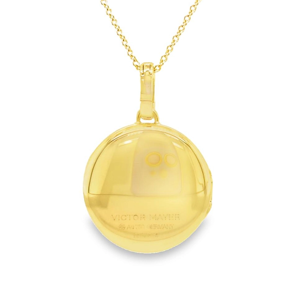 Round locket necklace in yellow gold, lacquered pink and set with a diamond