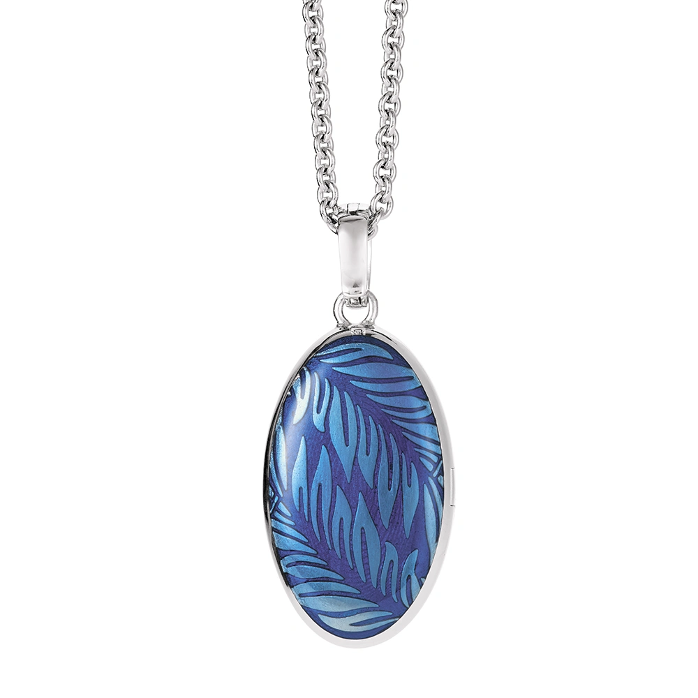 Ovaler Anhänger aus Weißgold mit blauer Farbe und Brillanten.