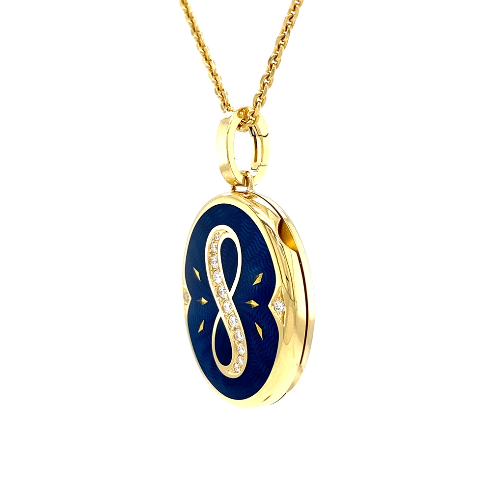 Oval locket pendant in yellow gold, lacquered blue with golden diamonds and an infinity symbol set with diamonds in the centre.
