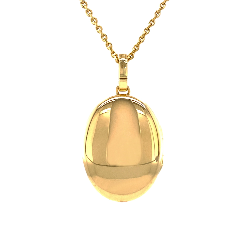 Oval locket pendant in yellow gold, lacquered blue with golden diamonds and an infinity symbol set with diamonds in the centre.