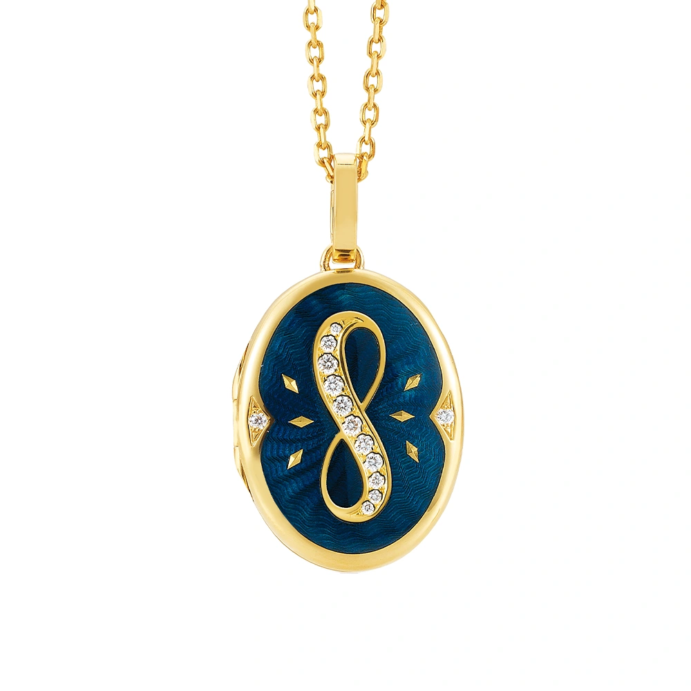 Oval locket pendant in yellow gold, lacquered blue with golden diamonds and an infinity symbol set with diamonds in the centre.
