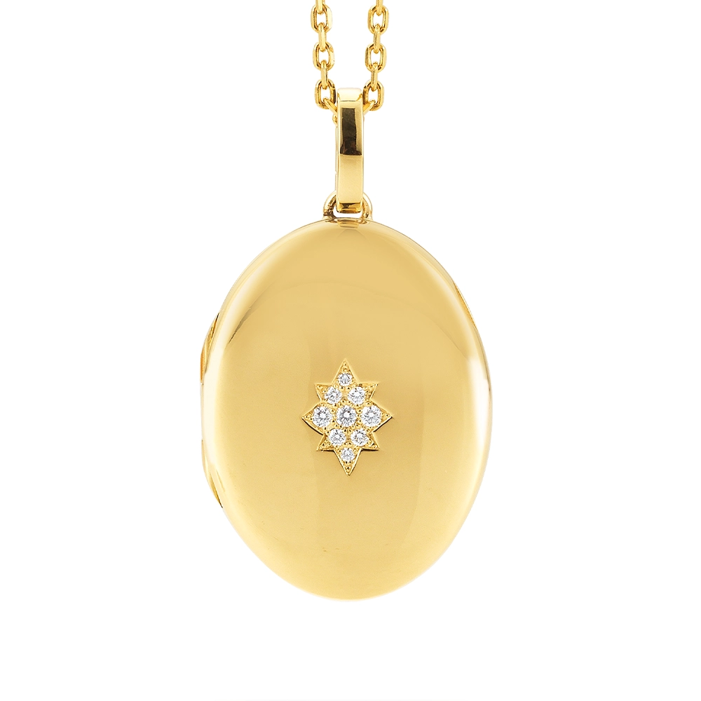 Ovaler Medaillon-Anhänger in Gelbgold mit sternförmig gefassten Brillanten.