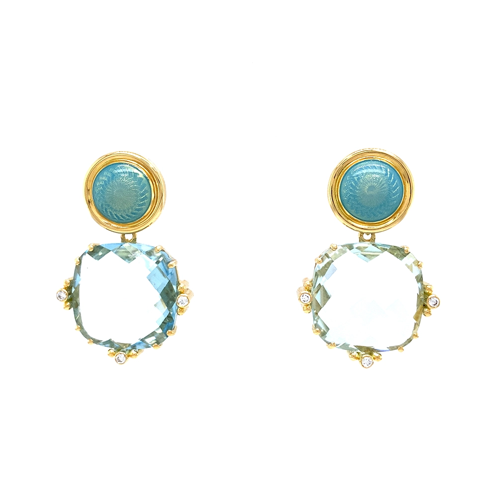 Paar Ohrhänger aus Gelbgold mit großen hellblauen Aquamarinen in Krappenfassungen, türkisfarbenen runden Emaille-Boutons und diamantbesetzten Krappen.