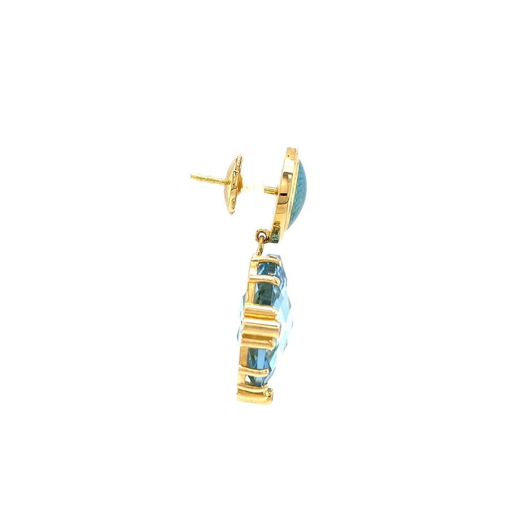 Paar Ohrhänger aus Gelbgold mit großen hellblauen Aquamarinen in Krappenfassungen, türkisfarbenen runden Emaille-Boutons und diamantbesetzten Krappen.