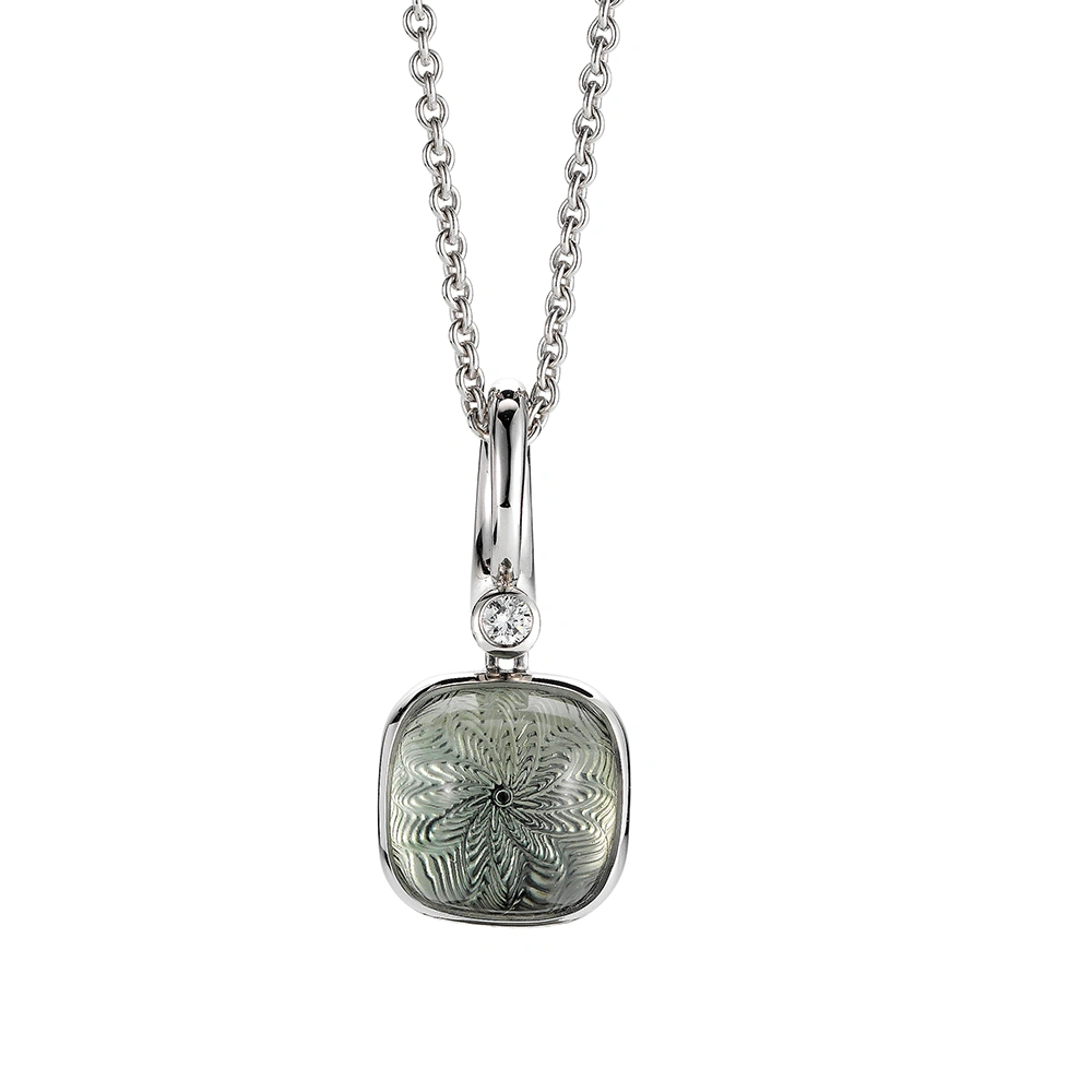 Era pendant in white gold with a cushion-cut prasiolite cabochon measuring 10 × 10 mm, a pale green translucent gemstone set against a delicate guilloché wave pattern.